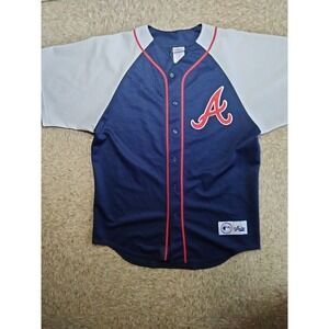 Atlanta Braves Mens Jersey L Blue White Majestic MLB‎ Baseball Vtg 90s USA D14